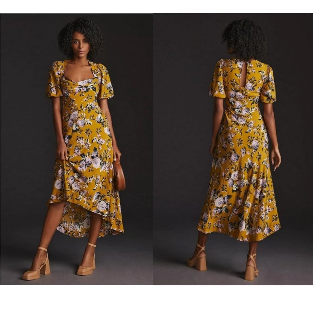 Maeve by Anthropologie Floral Puff Sleeve Midi Dress Yellow Gold Purple Sz US 2